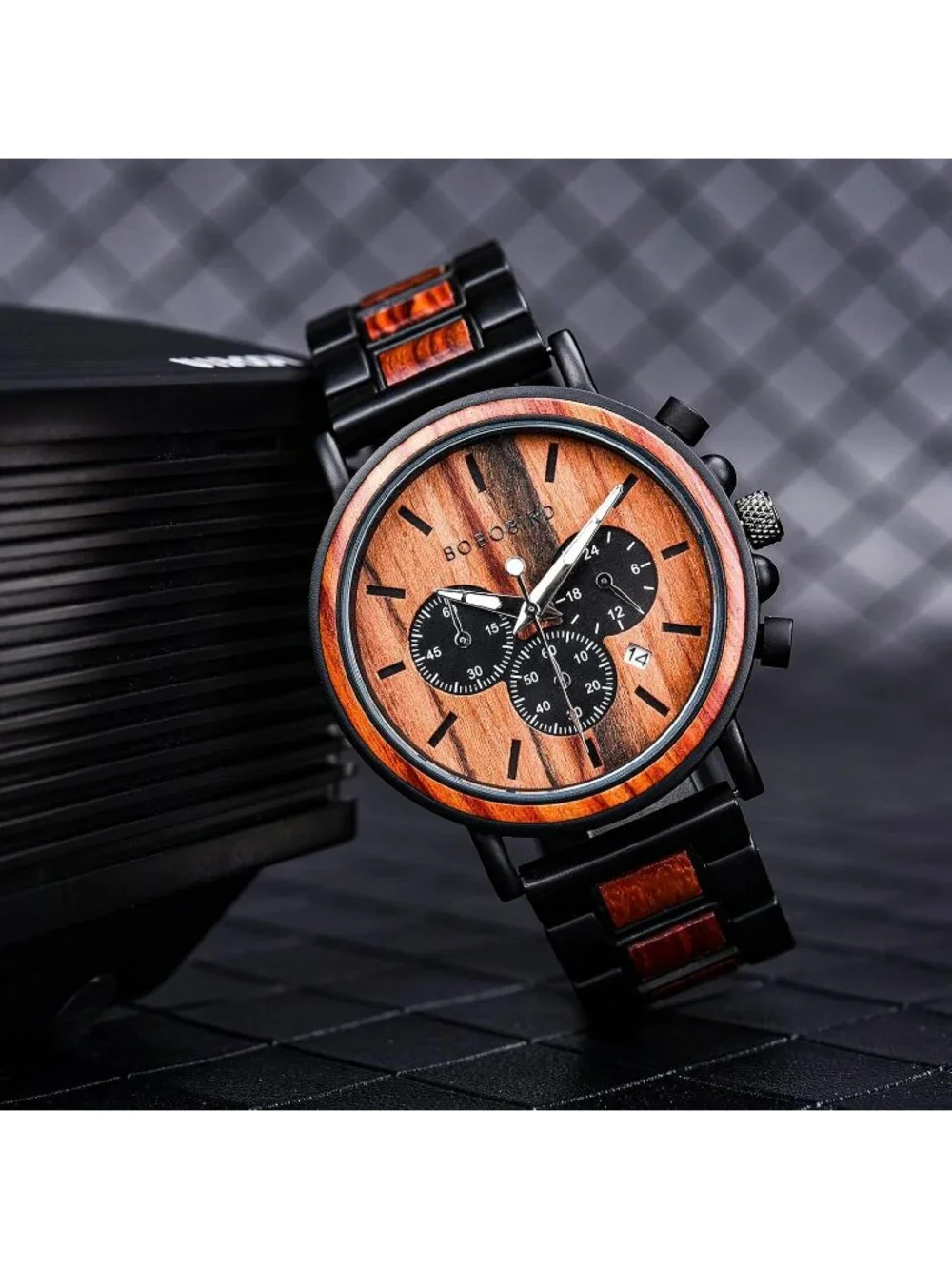 Men's Red Watches Wood & Stainless Steel Combined Chronograph Military Quartz